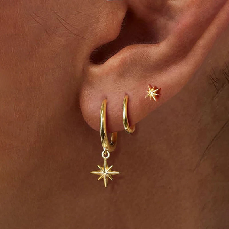 Conjunto com 3 Pares de Brincos Estrela em Aço Inoxidável Banhados a Ouro 18K, Estilo Punk e Moderno