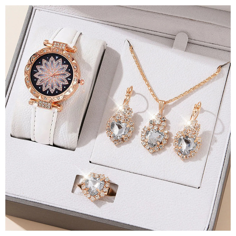 Kit Feminino com Relógio, Colar e Brincos de Cristal, Presente Sofisticado para Mãe, Esposa ou Namorada
