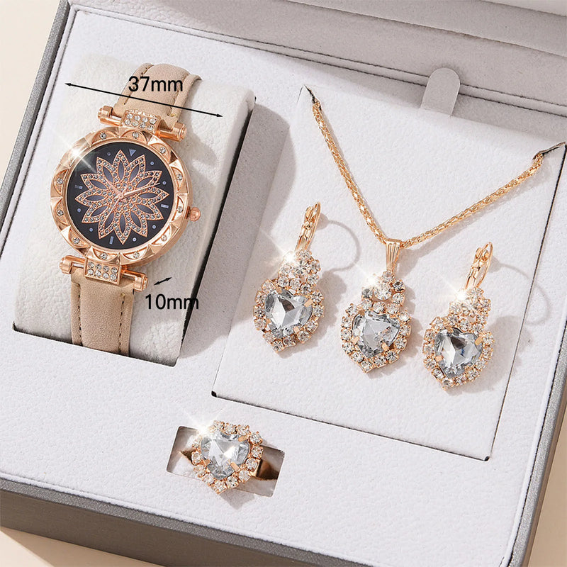 Kit Feminino com Relógio, Colar e Brincos de Cristal, Presente Sofisticado para Mãe, Esposa ou Namorada