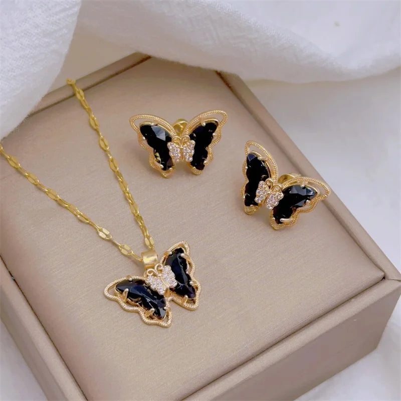 Conjunto Feminino de Colar e Brincos Borboleta, Luxo Europeu em Aço Inoxidável Micro-Incrustado