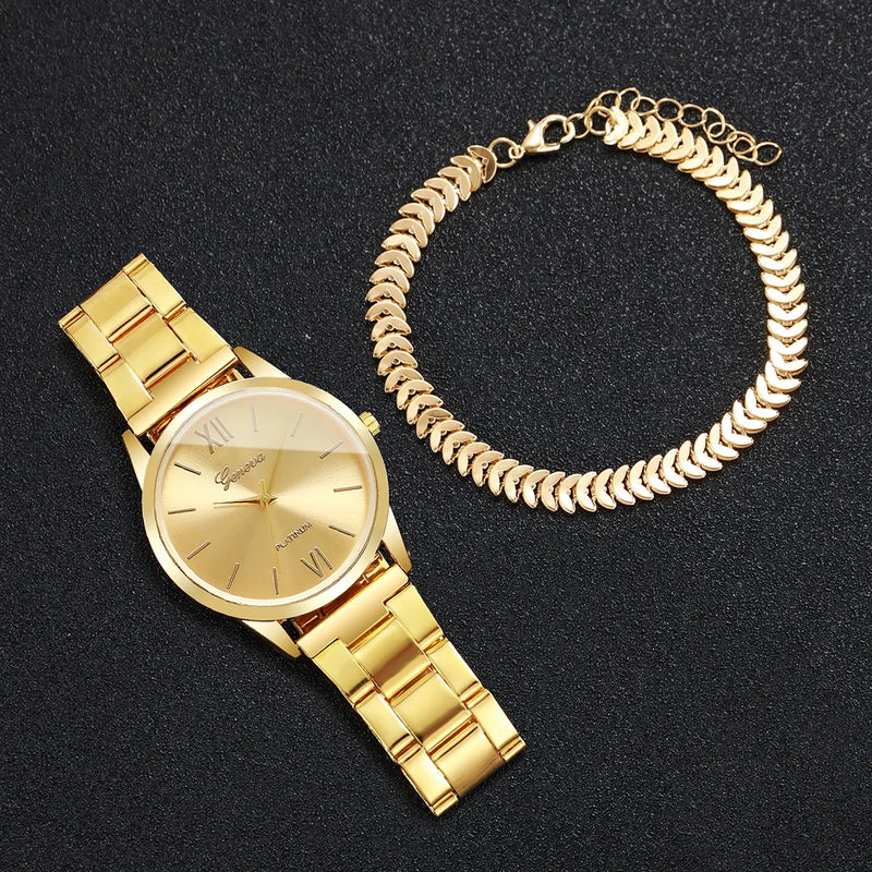 Kit com Relógio Feminino de Quartzo 38mm + Pulseira, Mostrador Romano Luxo Fashion e Casual