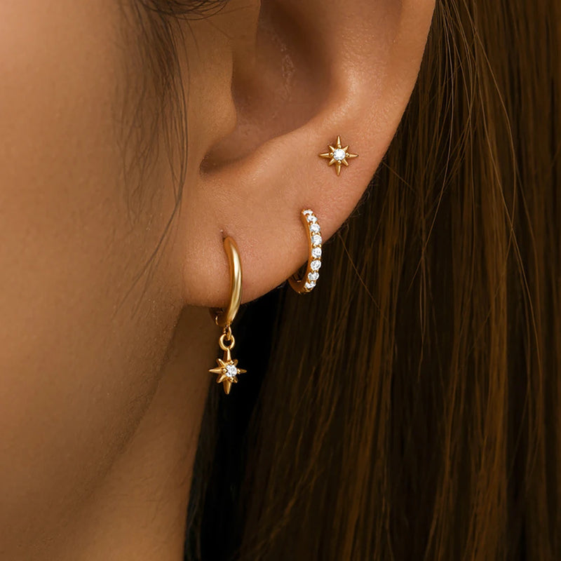 Conjunto com 3 Pares de Brincos Estrela em Aço Inoxidável Banhados a Ouro 18K, Estilo Punk e Moderno