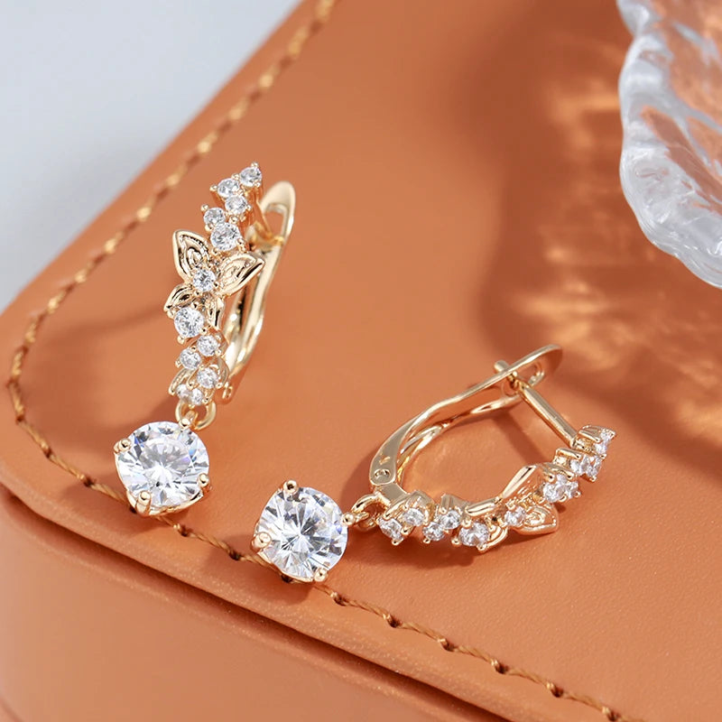 Brincos Femininos de Borboleta em Ouro Rosa 585 com Zircão Natural, Design Oco e Brilho Sofisticado