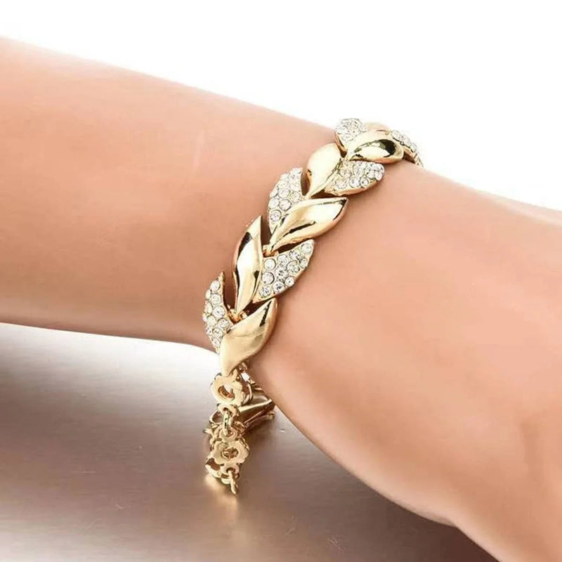 Pulseira Feminina com Folha Dourada, Corrente Ajustável e Cristais Brilhantes, Estilo Clássico e Elegante