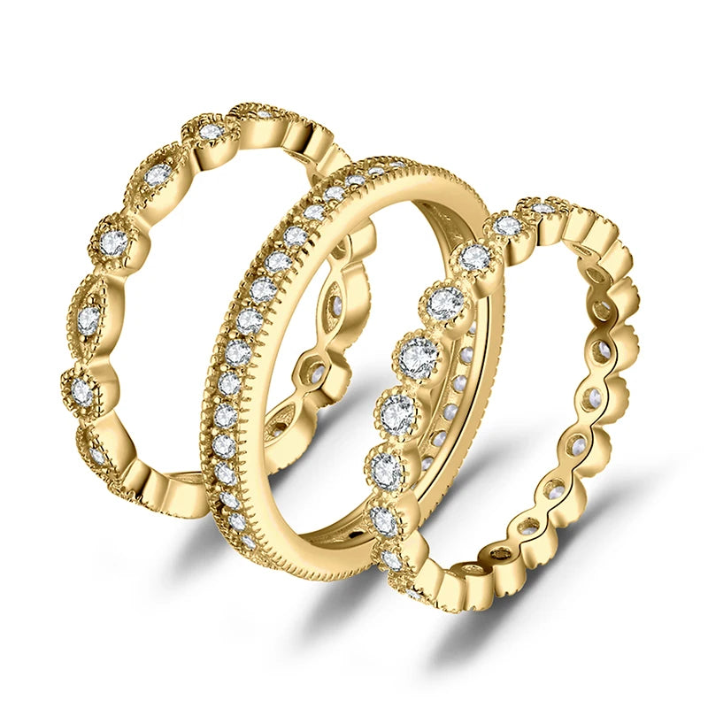 Conjunto de 3 Anéis Femininos em Prata 925 Banhada com Zircônia Cúbica AAA, Estilo Empilhável Versátil e Elegante