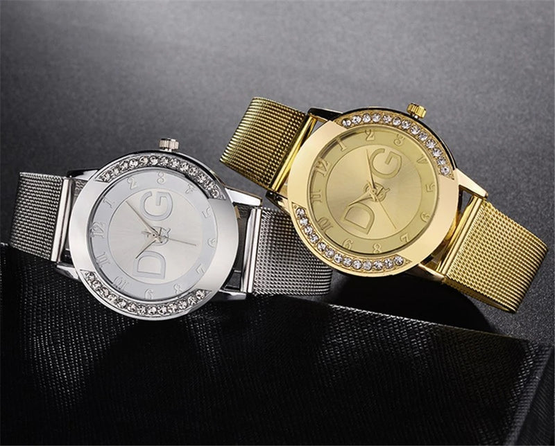Relógio Feminino de Luxo 36mm, Pulseira Malha em Aço Inox Dourado, Mostrador Minimalista com Brilhos