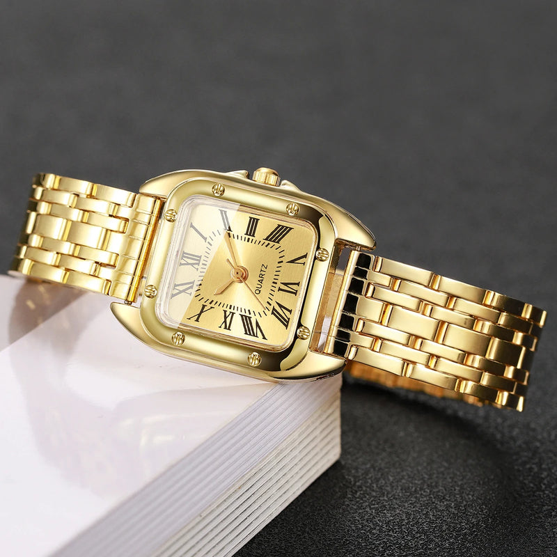 Relógio Feminino Quadrado de Quartzo 23mm, Mostrador Romano, Pulseira Metálica Dourada Casual e Fashion