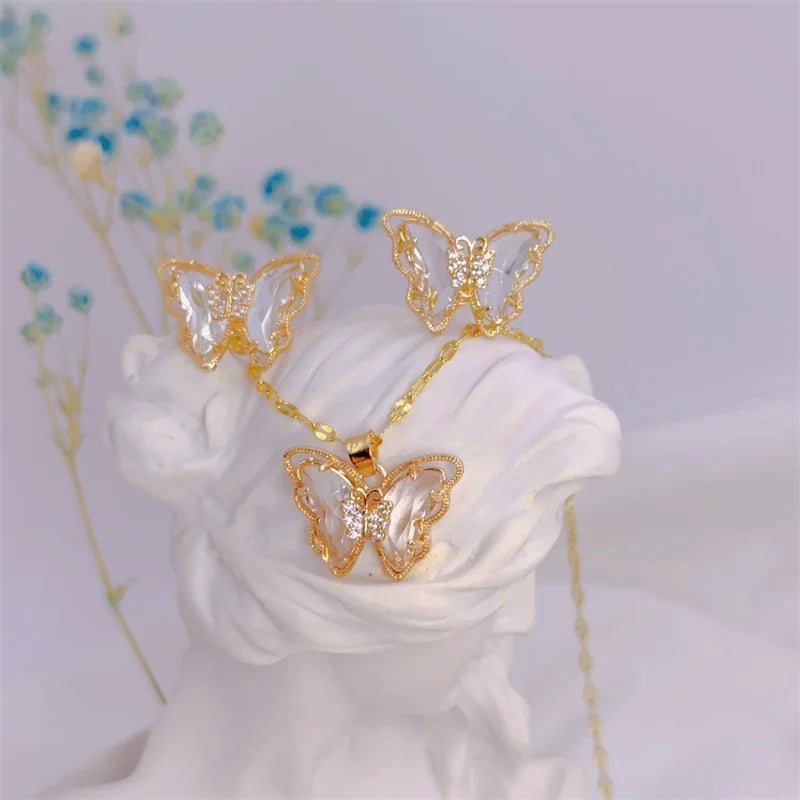 Conjunto Feminino de Colar e Brincos Borboleta, Luxo Europeu em Aço Inoxidável Micro-Incrustado