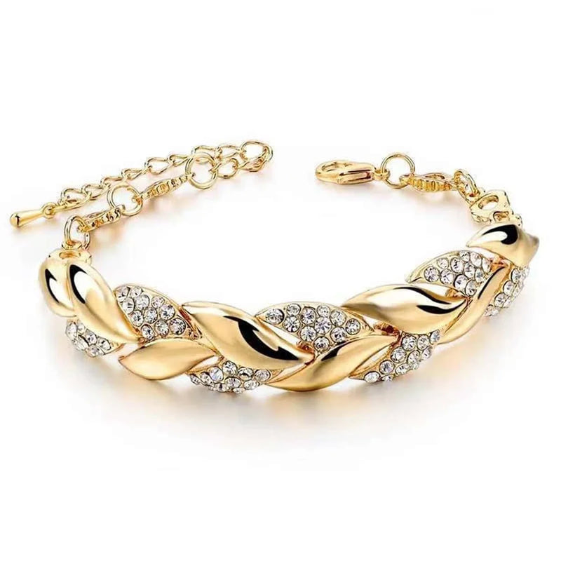Pulseira Feminina com Folha Dourada, Corrente Ajustável e Cristais Brilhantes, Estilo Clássico e Elegante