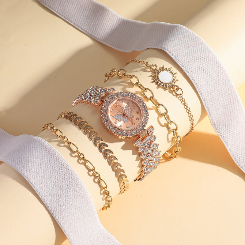 Conjunto feminino 5 peças com relógio de quartzo estilo borboleta e pulseiras elegantes, presente perfeito para meninas e aniversários