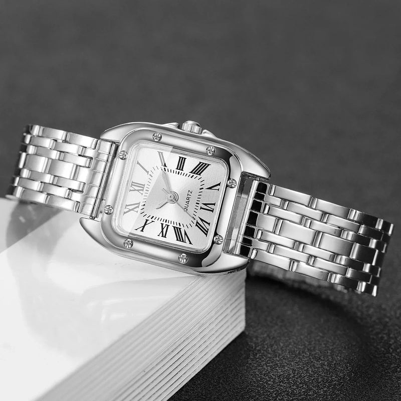Relógio Feminino Quadrado de Quartzo 23mm, Mostrador Romano, Pulseira Metálica Dourada Casual e Fashion