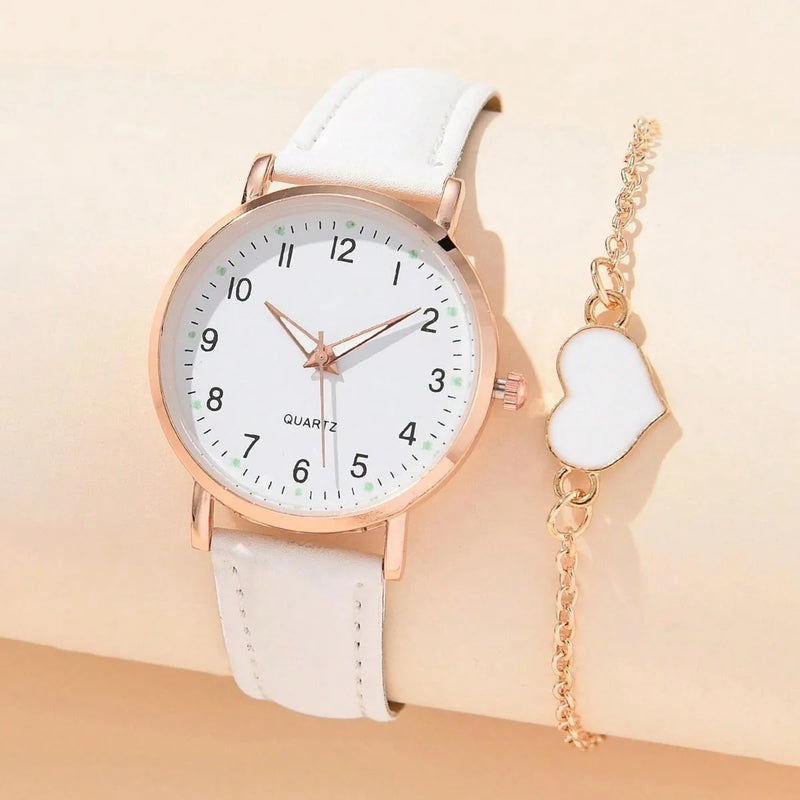 Kit Feminino com Relógio de Quartzo 31mm + Pulseira, Mostrador Redondo e Pulseira de Couro, Visual Casual Elegante para Todo Dia