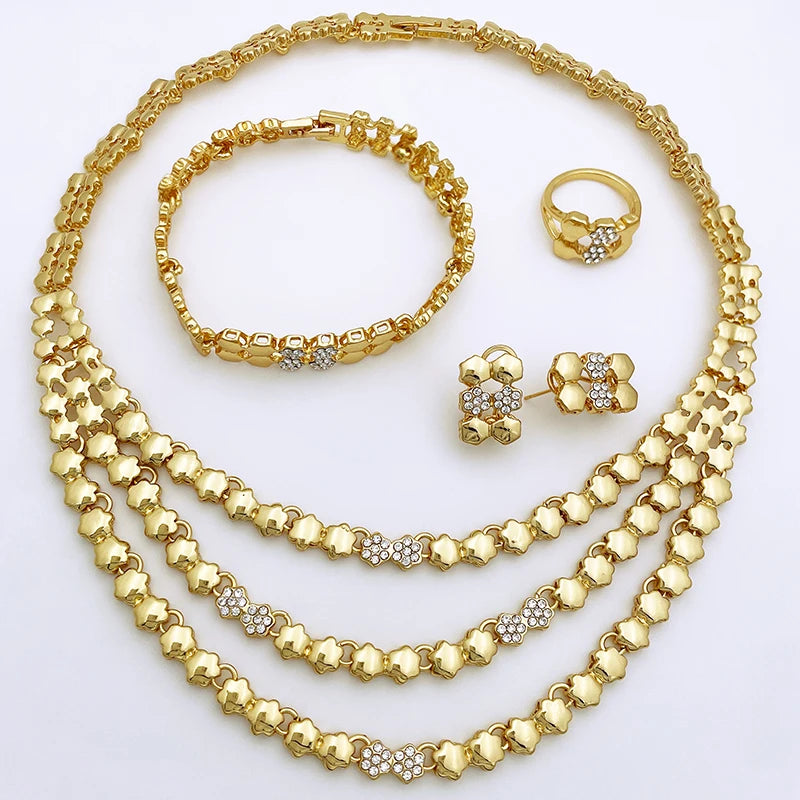 Kit Feminino Banhado a Ouro com Colar, Brincos, Pulseira e Anel, Luxo Italiano para Festas e Eventos