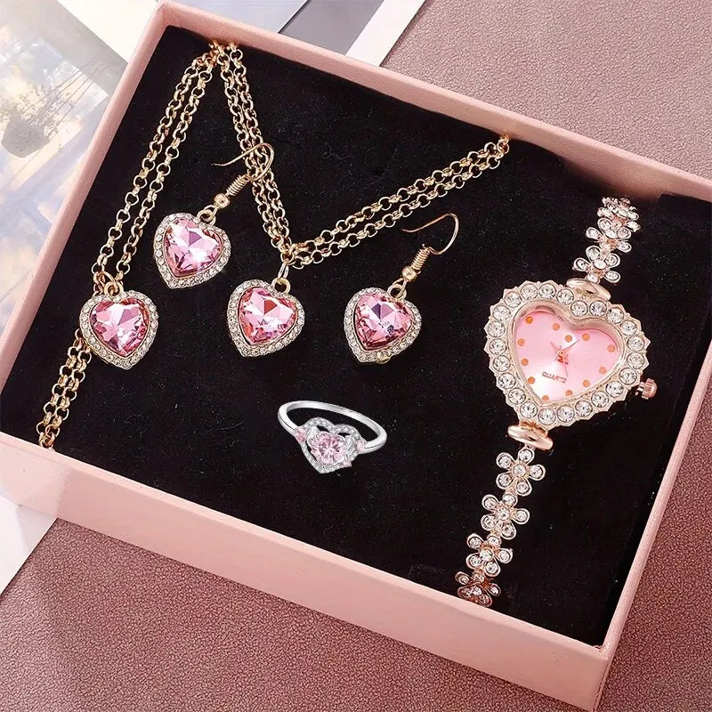 Kit Completo com Relógio, Colar, Pulseira, Anel e Brincos em Strass, Presente Feminino de Luxo