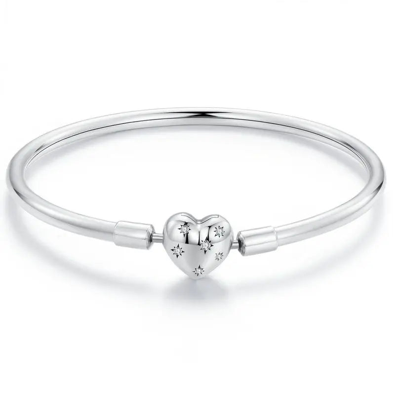 Pulseira Feminina em Prata 925 com Fecho em Coração e Charme Personalizável, Estilo Clássico e Elegante