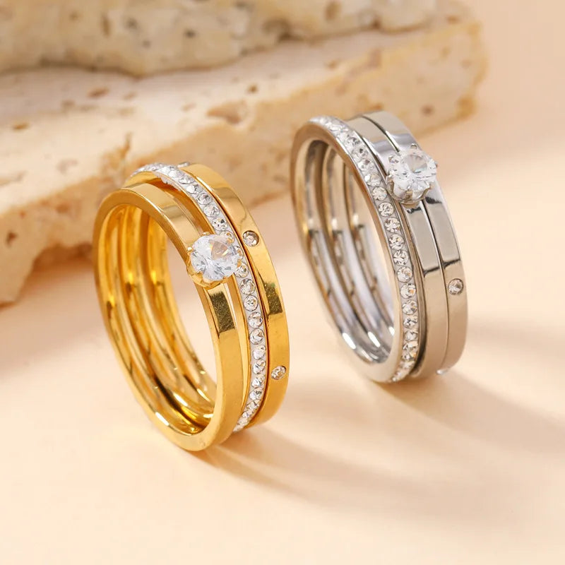 Conjunto Feminino com 3 Anéis em Aço Inoxidável Banhado a Ouro 18K, Clássicos com Zircônia para Estilo Moderno