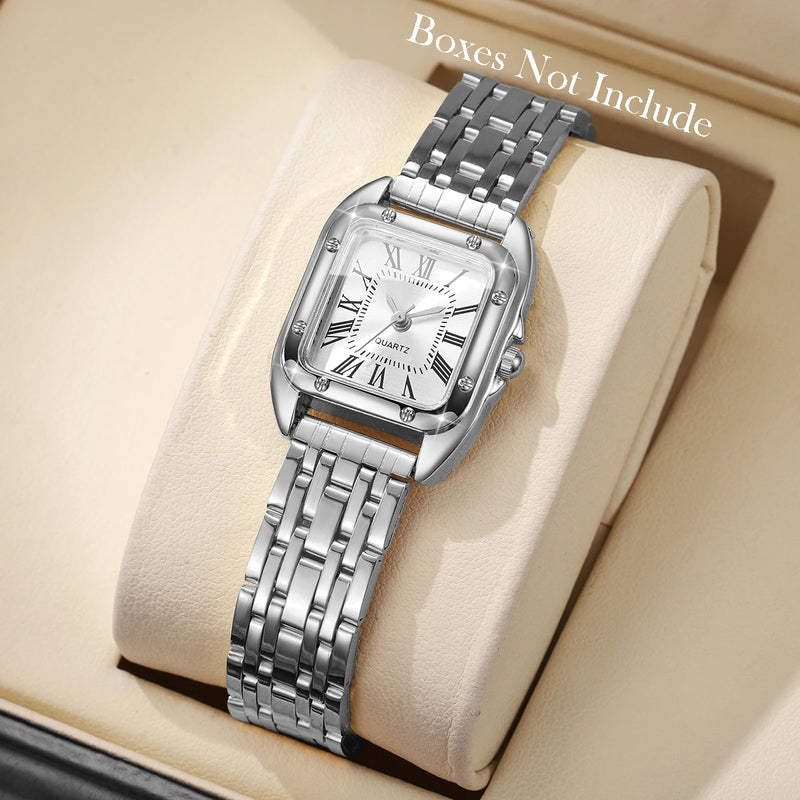 Relógio Feminino Quadrado de Quartzo 23mm, Mostrador Romano, Pulseira Metálica Dourada Casual e Fashion