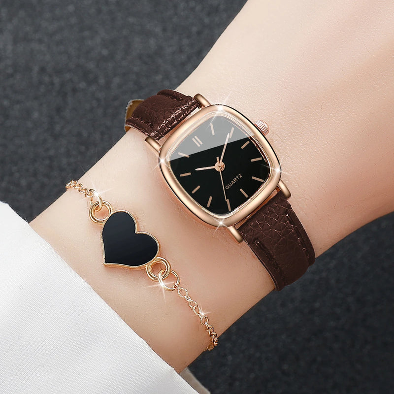 Conjunto Feminino Relógio de Quartzo Quadrado + Pulseira de Coração, Estilo Casual Chic em Couro