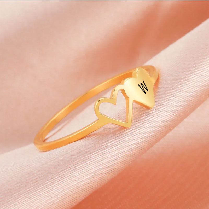 Anel Feminino de Coração Duplo com Letra Inicial em Aço Inoxidável Banhado a Ouro 18K, Moda Personalizada para Casamento e Presentes