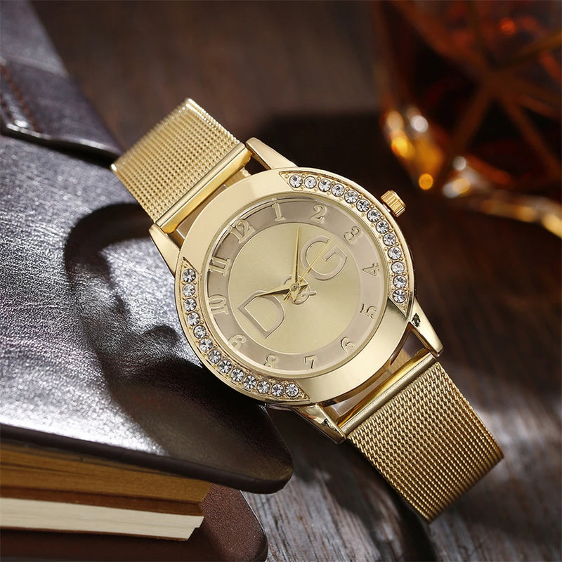 Relógio Feminino de Luxo 36mm, Pulseira Malha em Aço Inox Dourado, Mostrador Minimalista com Brilhos
