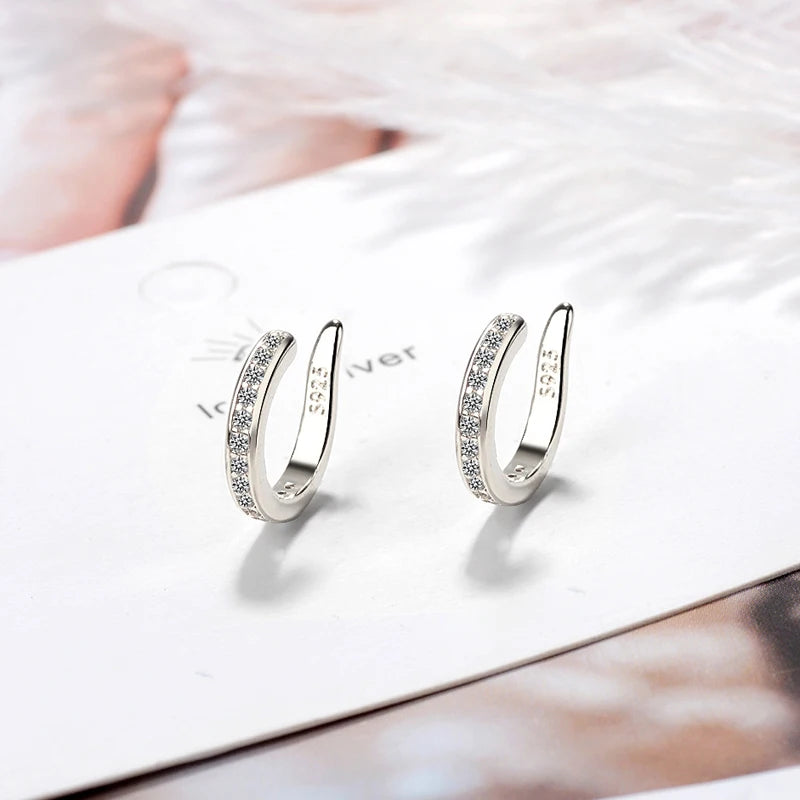 Brincos Earcuff em Prata 925 com Zircão, Modelo Sem Furo Estilo Punk Rock Moderno e Sofisticado
