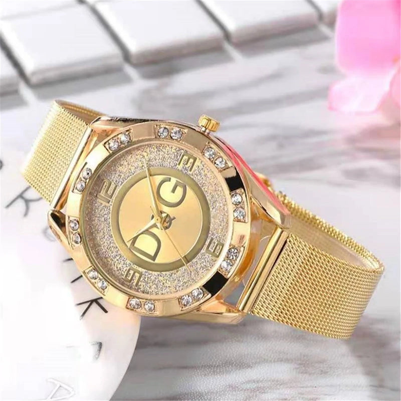 Relógio Feminino de Luxo 36mm, Pulseira Malha em Aço Inox Dourado, Mostrador Minimalista com Brilhos