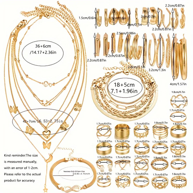Super Kit 58 Peças Douradas com Colares, Brincos, Anéis e Pulseiras para Estilo Versátil e Completo
