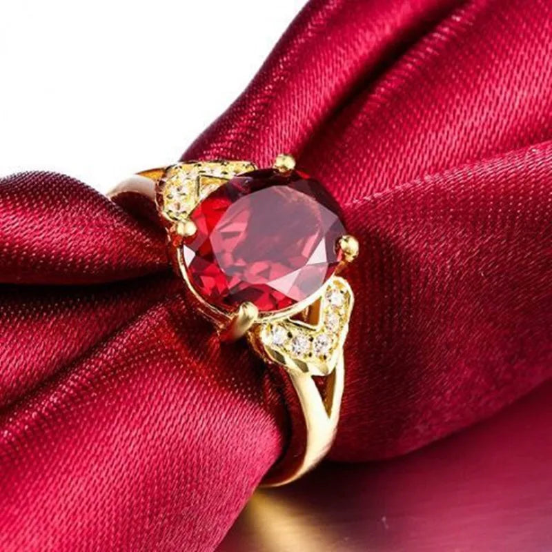 Anel Feminino em Ouro 24K AU999 com Cristal Vermelho Natural, Joia Ajustável de Luxo Atemporal