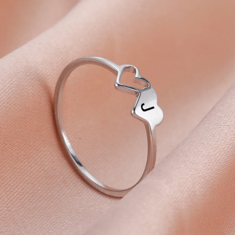 Anel Feminino de Coração Duplo com Letra Inicial em Aço Inoxidável Banhado a Ouro 18K, Moda Personalizada para Casamento e Presentes