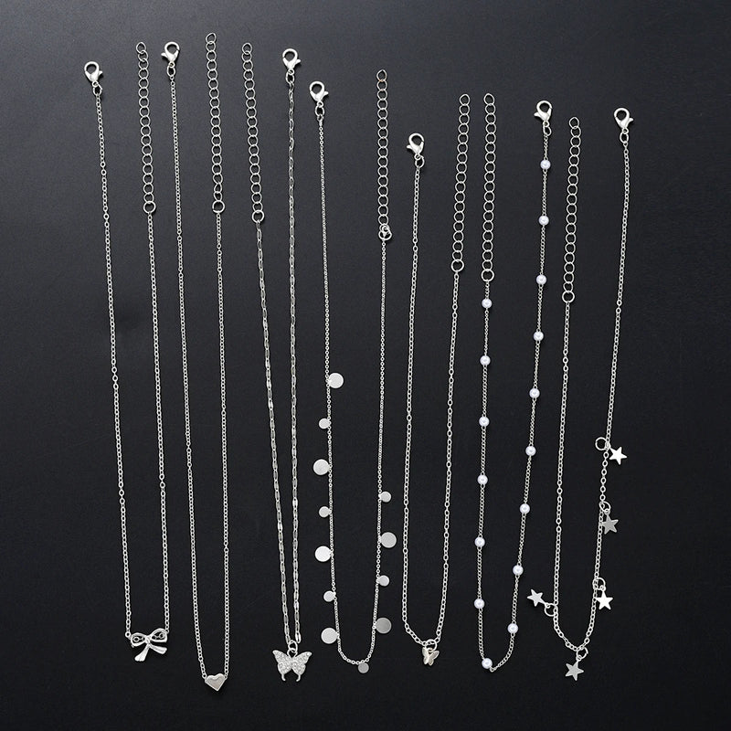 Conjunto de 7 Colares Femininos com Pingentes Estrela, Borboleta e Nó, Estilo Boho Elegante e Versátil