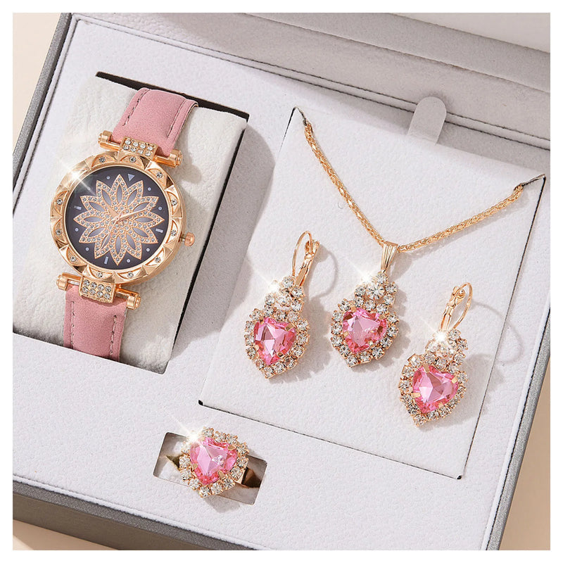 Kit Feminino com Relógio, Colar e Brincos de Cristal, Presente Sofisticado para Mãe, Esposa ou Namorada