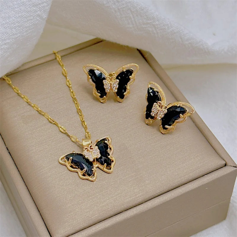 Conjunto Feminino de Colar e Brincos Borboleta, Luxo Europeu em Aço Inoxidável Micro-Incrustado