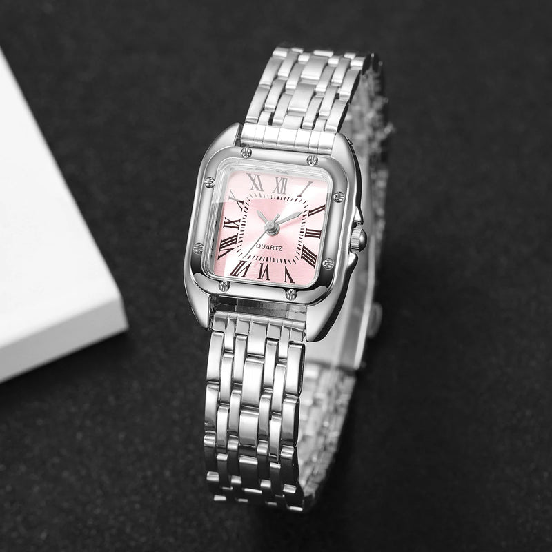 Relógio Feminino Quadrado de Quartzo 23mm, Mostrador Romano, Pulseira Metálica Dourada Casual e Fashion