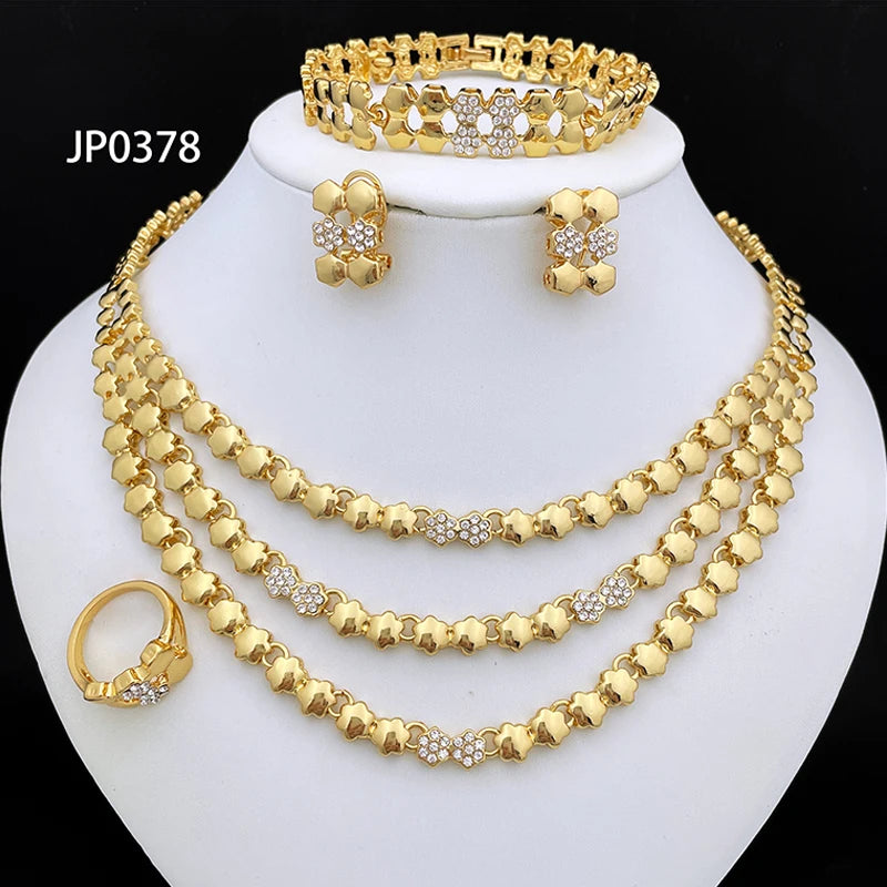 Kit Feminino Banhado a Ouro com Colar, Brincos, Pulseira e Anel, Luxo Italiano para Festas e Eventos