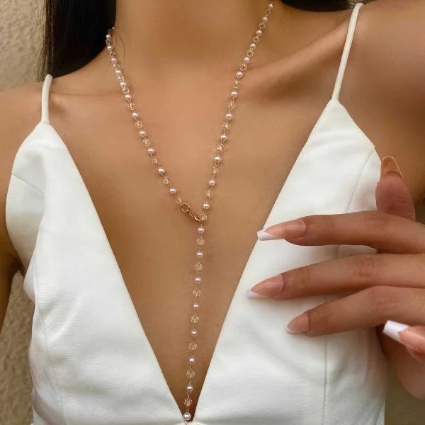 Colar Longo em Forma de Y com Cristais, Estilo Boêmio Sofisticado para Férias e Festas de Verão