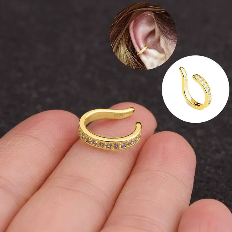 Brincos Earcuff em Prata 925 com Zircão, Modelo Sem Furo Estilo Punk Rock Moderno e Sofisticado