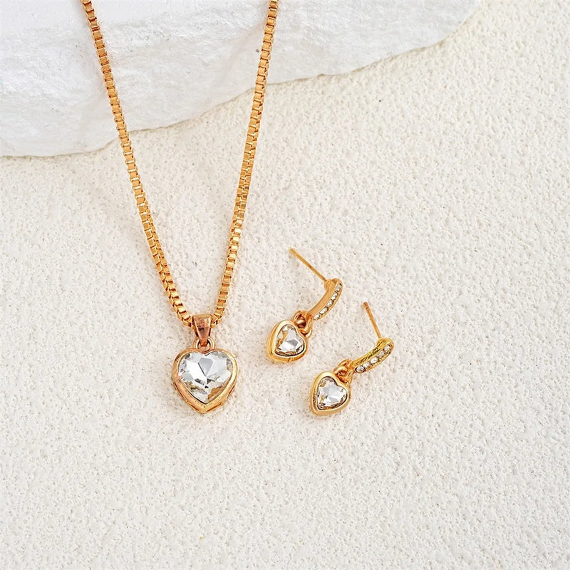 Kit de Joias 3 Peças Coração Duplo com Colar e Brincos de Cristal, Presente Feminino Sofisticado
