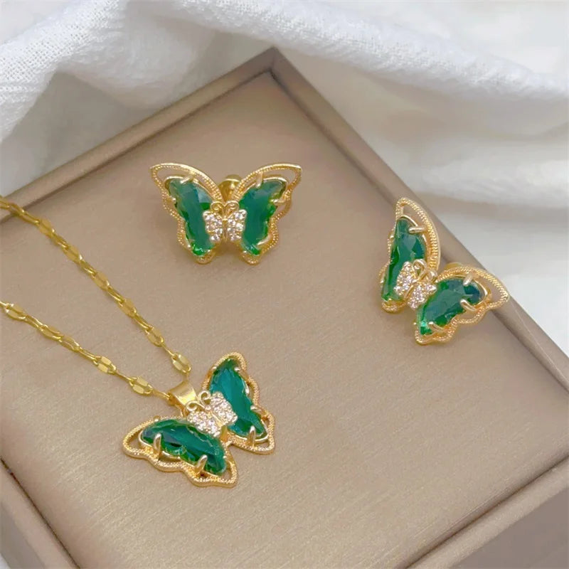 Conjunto Feminino de Colar e Brincos Borboleta, Luxo Europeu em Aço Inoxidável Micro-Incrustado