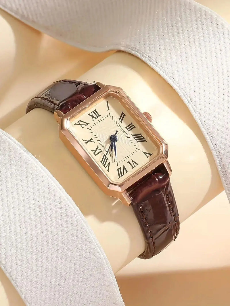 Relógio Feminino Retangular com Pulseira de Couro, Mostrador Romano e Visual Retrô para o Dia a Dia