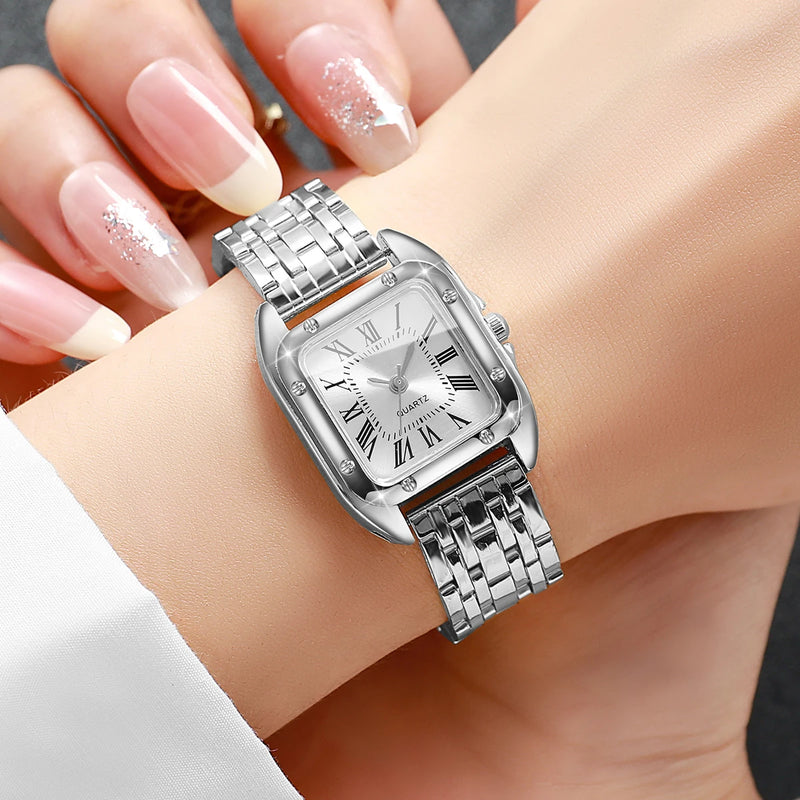 Relógio Feminino Quadrado de Quartzo 23mm, Mostrador Romano, Pulseira Metálica Dourada Casual e Fashion