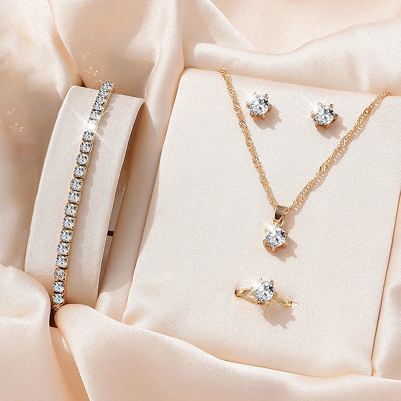 Kit Princesa 5 Peças com Colar, Pulseira, Anel e Brincos em Cristal, Luxo para Noivas e Presentes Especiais