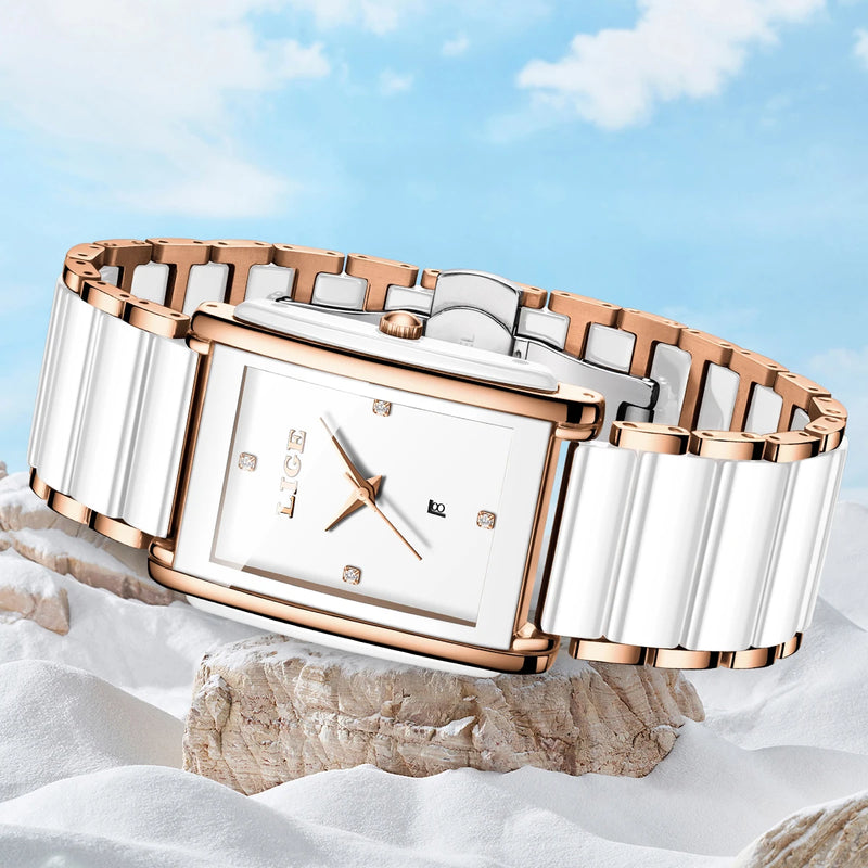 Relógio Feminino LIGE Quadrado de Quartzo em Cerâmica, 34mm, Funções de Data Automática e Resistência à Água 3ATM