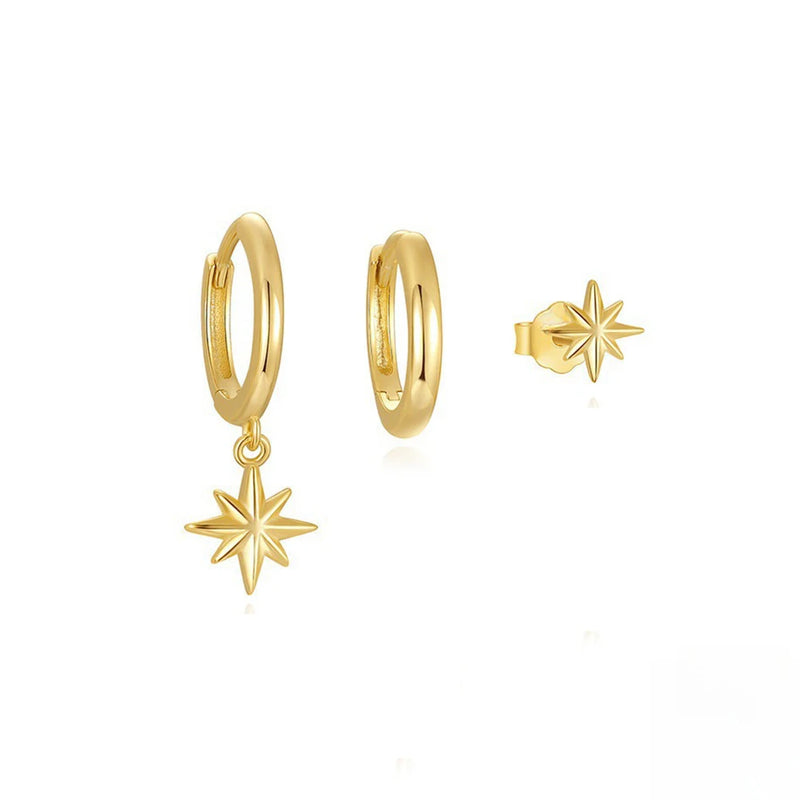 Conjunto com 3 Pares de Brincos Estrela em Aço Inoxidável Banhados a Ouro 18K, Estilo Punk e Moderno