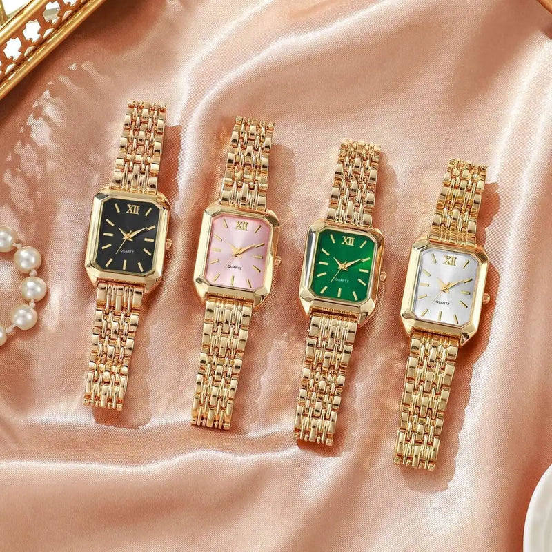 Relógio Feminino Retangular de Quartzo em Metal Dourado, Design Slim e Sofisticado para Looks Fashion e Casuais