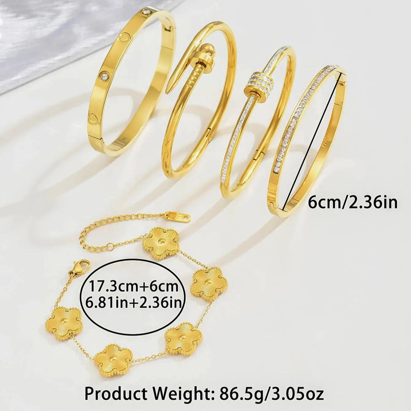 Pulseira Feminina Trevo de Quatro Folhas em Aço Inoxidável Dourado com Cristais, Estilo Clássico e Sofisticado
