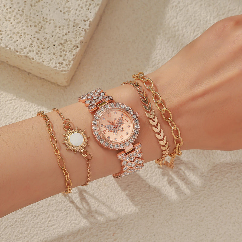 Conjunto feminino 5 peças com relógio de quartzo estilo borboleta e pulseiras elegantes, presente perfeito para meninas e aniversários