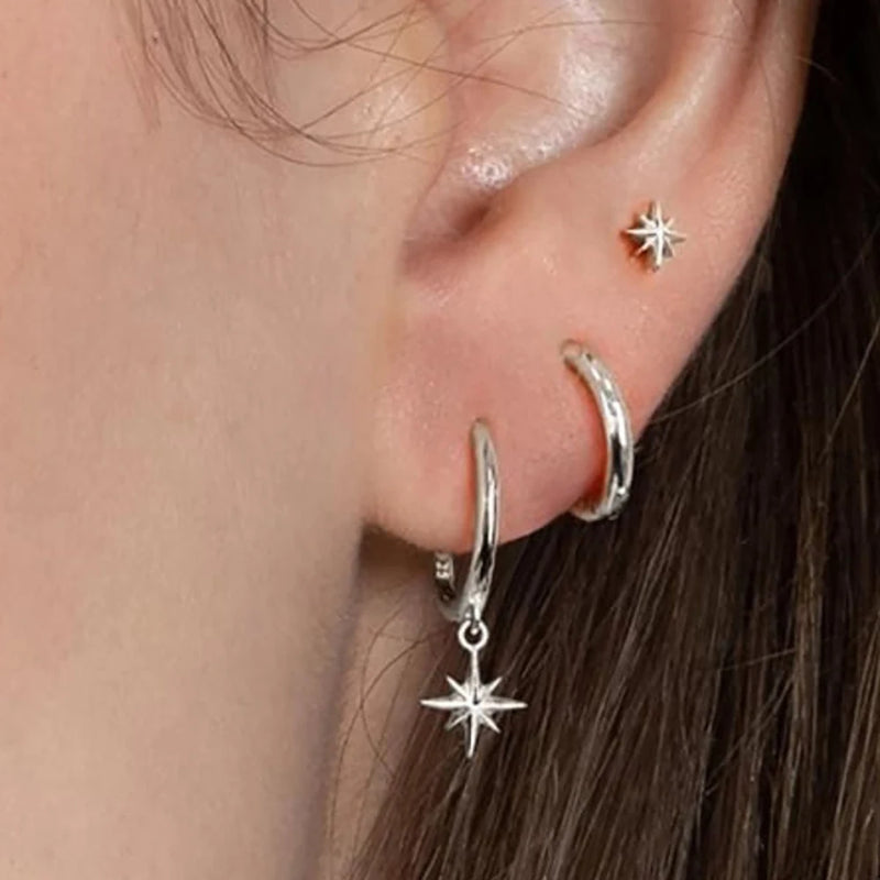 Conjunto com 3 Pares de Brincos Estrela em Aço Inoxidável Banhados a Ouro 18K, Estilo Punk e Moderno