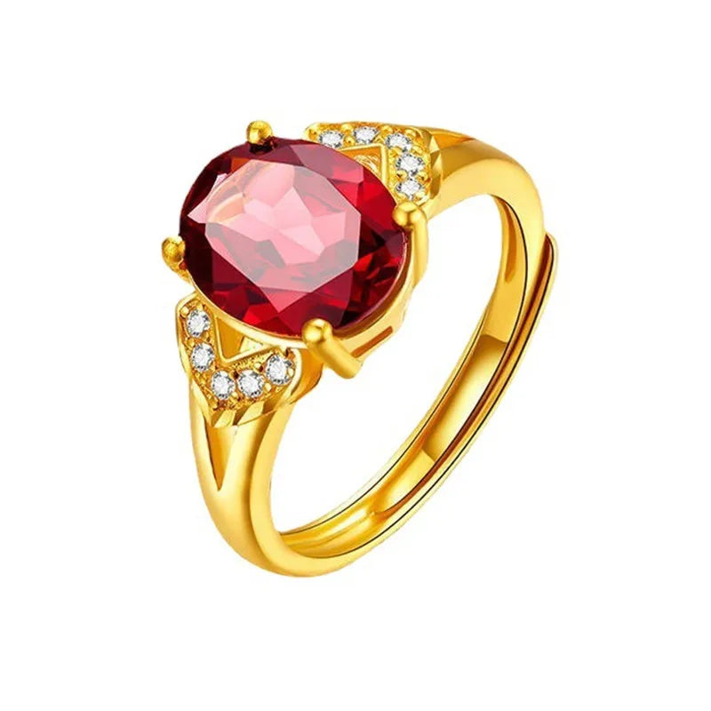 Anel Feminino em Ouro 24K AU999 com Cristal Vermelho Natural, Joia Ajustável de Luxo Atemporal