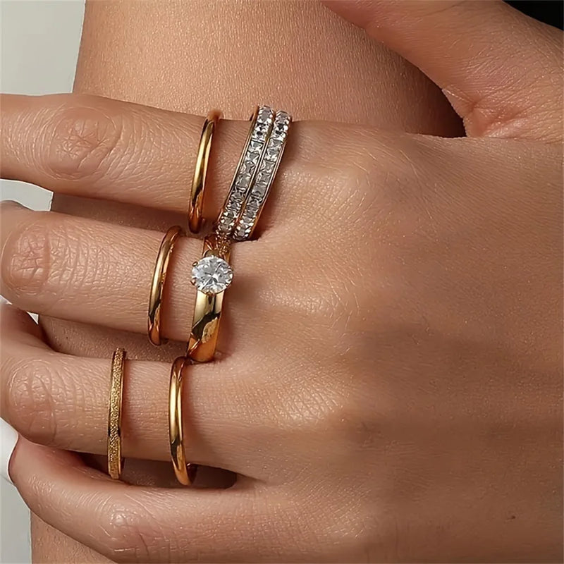 Conjunto Feminino com 3 Anéis em Aço Inoxidável Banhado a Ouro 18K, Clássicos com Zircônia para Estilo Moderno