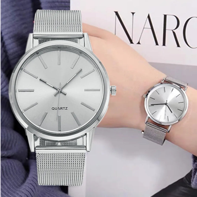 Relógio Feminino Analógico em Metal com Pulseira de Malha, Mostrador Redondo Slim 40mm Elegante para o Dia a Dia
